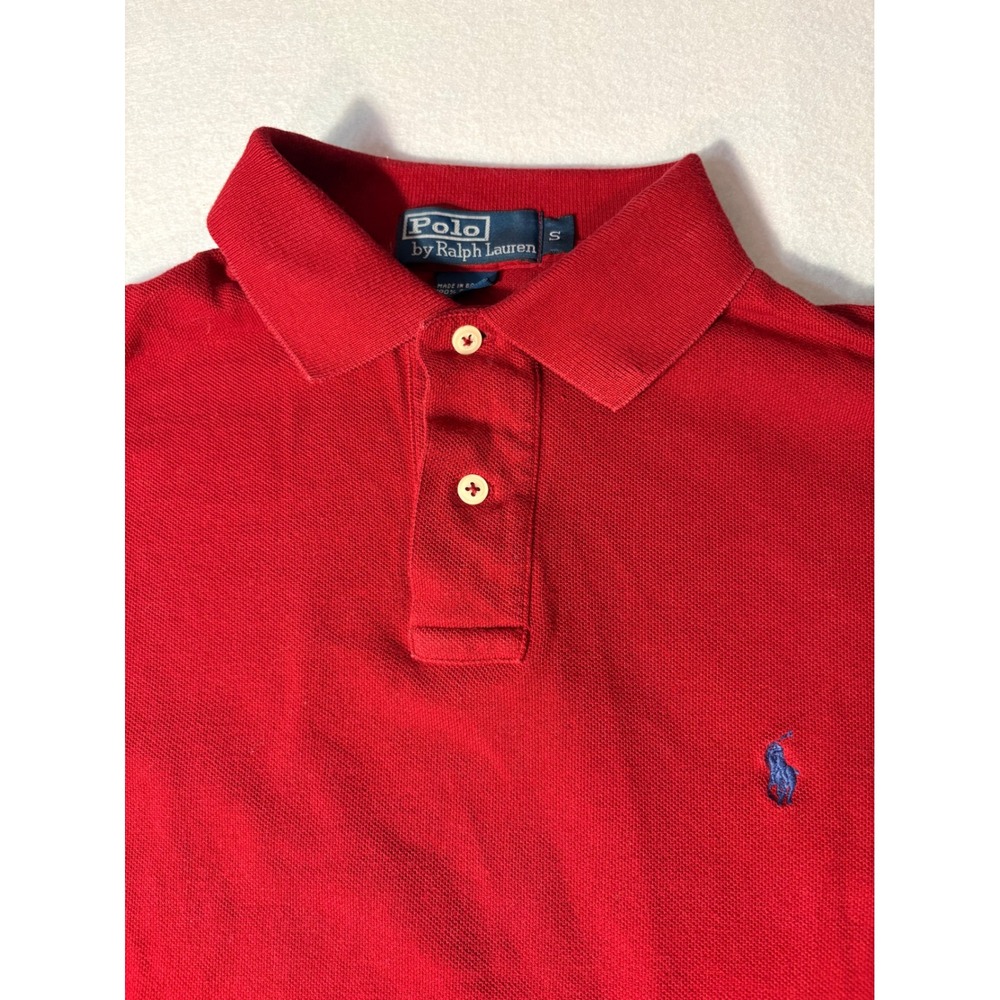 Polo Ralph Lauren Mens Long Sleeve Polo Shirt Red Cotton Pique Blue Pony Small